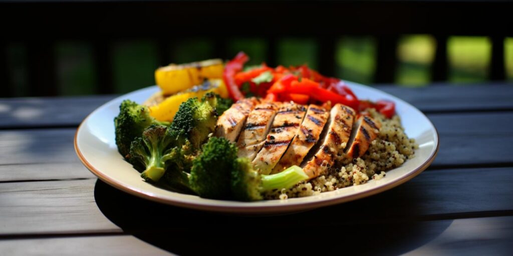 Gegrillte Hühnerbrust mit Quinoa und geröstetem Gemüse