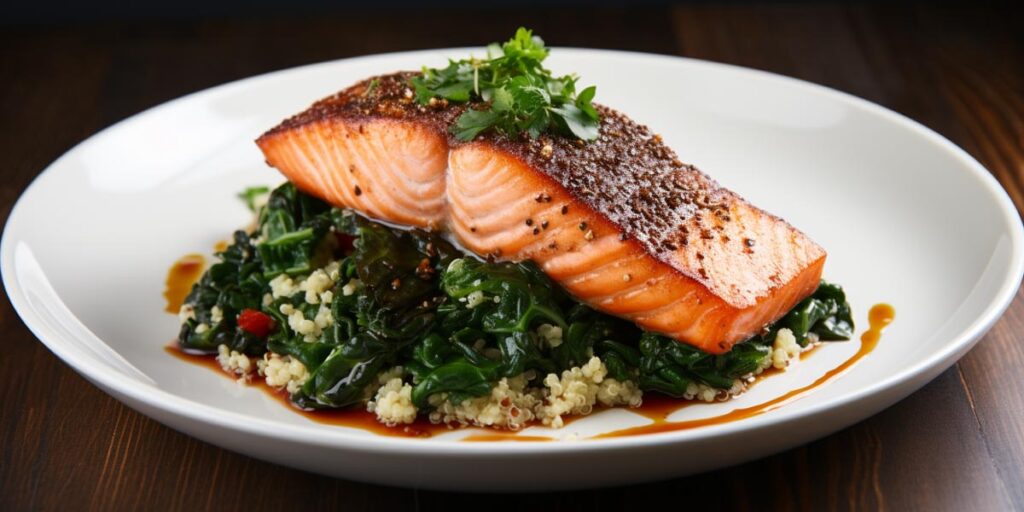 Saumon au four avec quinoa et épinards sautés